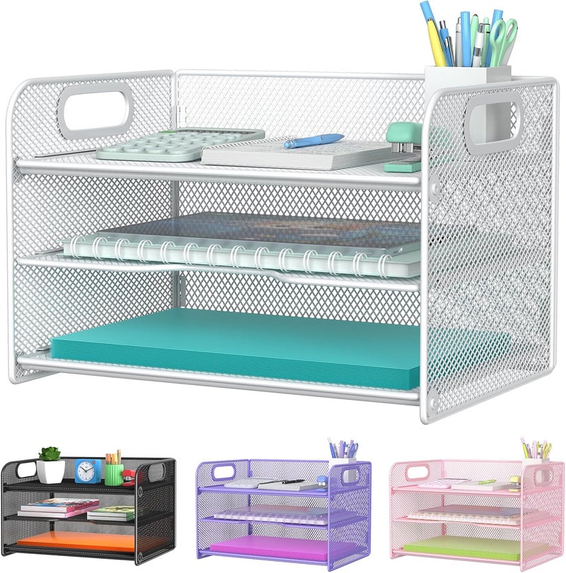 Samstar 3 Tier White Letter Tray Paper Organizer with Handle, Mesh Desk Organizer Paper Sorter File Rack Shelves, White - Image 1